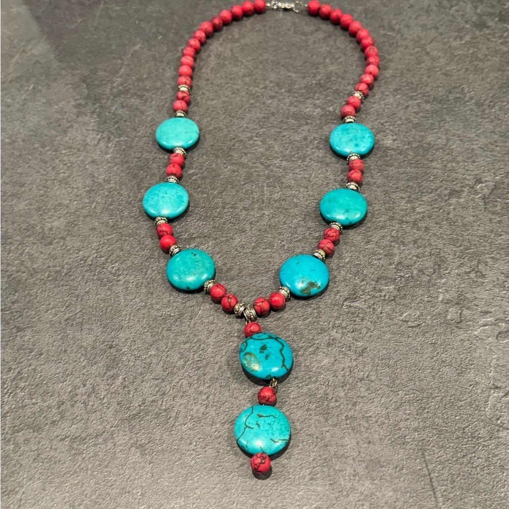 Red and Blue Turquoise Beaded Necklace - Picture 2 of 4